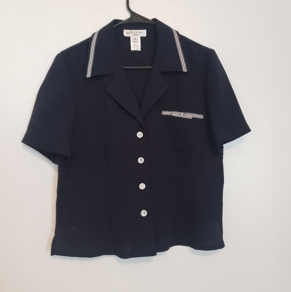 Miss Dorby Vintage Navy Blue Button Down Top 8